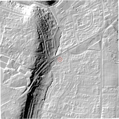 Shaded relief map of the ground around BS166UT, computed from Environment Agency LiDAR. The ground here sits at about 49 m above sea level and falls 27 m across the surrounding 800 m. Surface water reaching this point runs off ground lying to the south-west, 20.9 m higher.