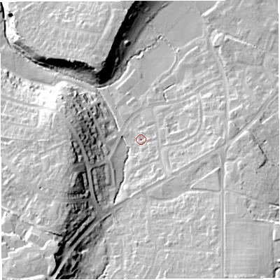 Shaded relief map of the ground around BS166UW, computed from Environment Agency LiDAR. The ground here sits at about 46 m above sea level and falls 26 m across the surrounding 800 m. Surface water reaching this point runs off ground lying to the east-south-east, 5.5 m higher.