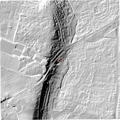 Shaded relief map of the ground around BS166UX, computed from Environment Agency LiDAR. The ground here sits at about 52 m above sea level and falls 27 m across the surrounding 800 m. Surface water reaching this point runs off ground lying to the south-west, 17.6 m higher.