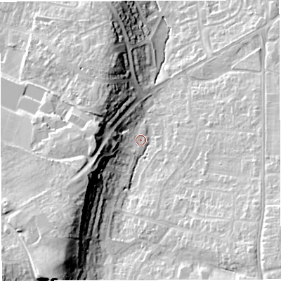 Shaded relief map of the ground around BS166XD, computed from Environment Agency LiDAR. The ground here sits at about 50 m above sea level and falls 26 m across the surrounding 800 m. Surface water reaching this point runs off ground lying to the south-west, 21.2 m higher.