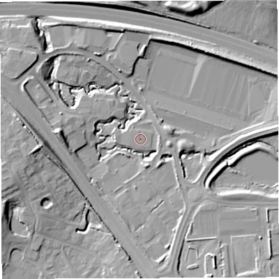 Shaded relief map of the ground around BS167FE, computed from Environment Agency LiDAR. The ground here sits at about 45 m above sea level and falls 19 m across the surrounding 800 m. Surface water reaching this point runs off ground lying to the west, 9.6 m higher.