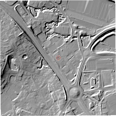 Shaded relief map of the ground around BS167FG, computed from Environment Agency LiDAR. The ground here sits at about 45 m above sea level and falls 13 m across the surrounding 800 m. Surface water reaching this point runs off ground lying to the south-east, 3.7 m higher.