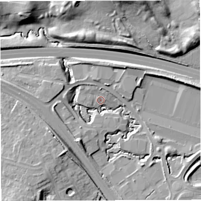 Shaded relief map of the ground around BS167FL, computed from Environment Agency LiDAR. The ground here sits at about 44 m above sea level and falls 21 m across the surrounding 800 m. Surface water reaching this point runs off ground lying to the south-south-west, 11.5 m higher.