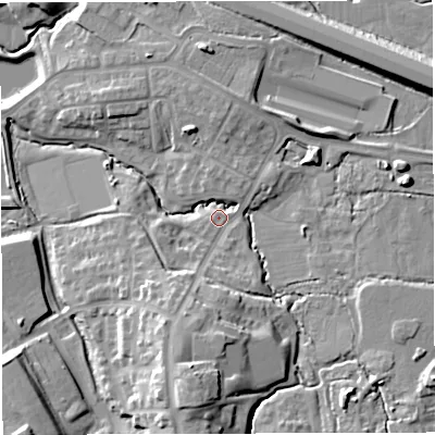 Shaded relief map of the ground around BS167GR, computed from Environment Agency LiDAR. The ground here sits at about 50 m above sea level and falls 18 m across the surrounding 800 m. Surface water reaching this point runs off ground lying to the south, 14.7 m higher.