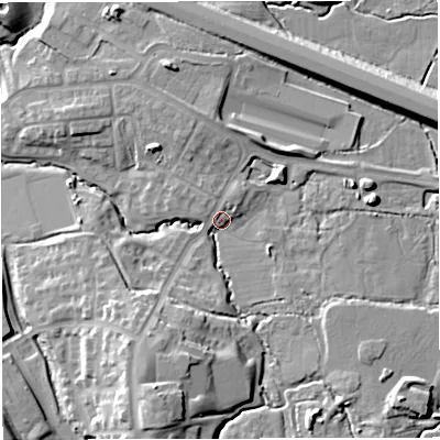Shaded relief map of the ground around BS167GT, computed from Environment Agency LiDAR. The ground here sits at about 51 m above sea level and falls 18 m across the surrounding 800 m. Surface water reaching this point runs off ground lying to the south-south-west, 14.2 m higher.