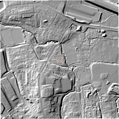 Shaded relief map of the ground around BS167GU, computed from Environment Agency LiDAR. The ground here sits at about 51 m above sea level and falls 21 m across the surrounding 800 m. Surface water reaching this point runs off ground lying to the south-west, 1.9 m higher.