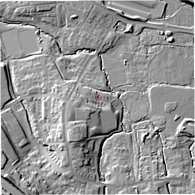 Shaded relief map of the ground around BS167GW, computed from Environment Agency LiDAR. The ground here sits at about 55 m above sea level and falls 20 m across the surrounding 800 m. Surface water reaching this point runs off ground lying to the south-south-west, 5.3 m higher.