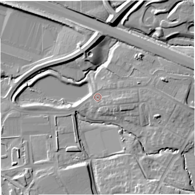 Shaded relief map of the ground around BS167JS, computed from Environment Agency LiDAR. The ground here sits at about 49 m above sea level and falls 14 m across the surrounding 800 m. Surface water reaching this point runs off ground lying to the east, 4.8 m higher.