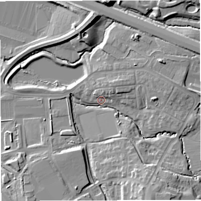 Shaded relief map of the ground around BS167JW, computed from Environment Agency LiDAR. The ground here sits at about 48 m above sea level and falls 16 m across the surrounding 800 m. Surface water reaching this point runs off ground lying to the south-south-east, 13.8 m higher.