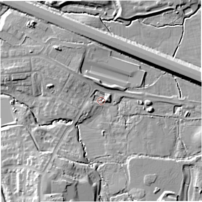 Shaded relief map of the ground around BS167NF, computed from Environment Agency LiDAR. The ground here sits at about 50 m above sea level and falls 16 m across the surrounding 800 m. Surface water reaching this point runs off ground lying to the south-south-west, 13.2 m higher.