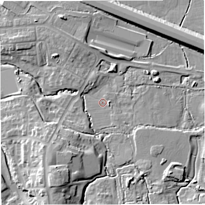 Shaded relief map of the ground around BS167NG, computed from Environment Agency LiDAR. The ground here sits at about 50 m above sea level and falls 16 m across the surrounding 800 m. Surface water reaching this point runs off ground lying to the south-south-west, 13.8 m higher.