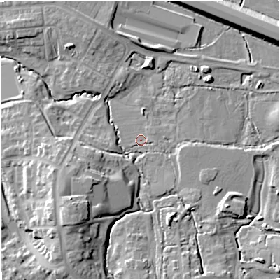 Shaded relief map of the ground around BS167PX, computed from Environment Agency LiDAR. The ground here sits at about 51 m above sea level and falls 16 m across the surrounding 800 m. Surface water reaching this point runs off ground lying to the south-south-east, 7.7 m higher.