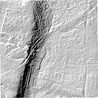 Shaded relief map of the ground around BS169BH, computed from Environment Agency LiDAR. The ground here sits at about 50 m above sea level and falls 27 m across the surrounding 800 m. Surface water reaching this point runs off ground lying to the south-west, 21.2 m higher.