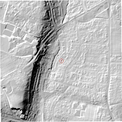 Shaded relief map of the ground around BS169BQ, computed from Environment Agency LiDAR. The ground here sits at about 51 m above sea level and falls 25 m across the surrounding 800 m. Surface water reaching this point runs off ground lying to the south-south-east, 4.5 m higher.