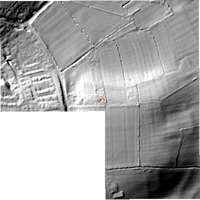 Shaded relief map of the ground around BS169SG, computed from Environment Agency LiDAR. The ground here sits at about 112 m above sea level and falls 29 m across the surrounding 800 m. Surface water reaching this point runs off ground lying to the south, 6.8 m higher.