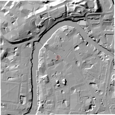 Shaded relief map of the ground around BS16AA, computed from Environment Agency LiDAR. The ground here sits at about 9 m above sea level and falls 19 m across the surrounding 800 m. Surface water reaching this point runs off ground lying to the north-west, 2.3 m higher.