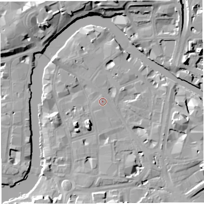 Shaded relief map of the ground around BS16AD, computed from Environment Agency LiDAR. The ground here sits at about 9 m above sea level and falls 15 m across the surrounding 800 m. Surface water reaching this point runs off ground lying to the west-south-west, 0.9 m higher.