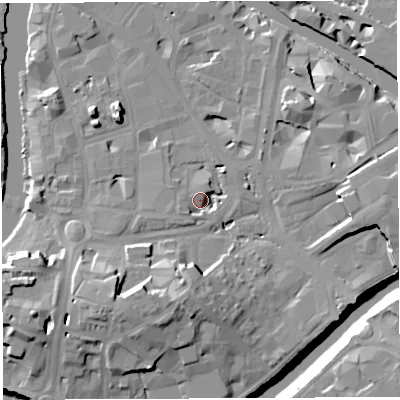 Shaded relief map of the ground around BS16AG, computed from Environment Agency LiDAR. The ground here sits at about 9 m above sea level and falls 20 m across the surrounding 800 m. Surface water reaching this point runs off ground lying to the south-west, 14.0 m higher.