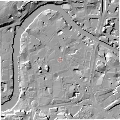 Shaded relief map of the ground around BS16AH, computed from Environment Agency LiDAR. The ground here sits at about 9 m above sea level and falls 14 m across the surrounding 800 m. Surface water reaching this point runs off ground lying to the north-north-west, 0.8 m higher.
