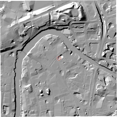Shaded relief map of the ground around BS16AJ, computed from Environment Agency LiDAR. The ground here sits at about 8 m above sea level and falls 17 m across the surrounding 800 m. Surface water reaching this point runs off ground lying to the north-east, 5.0 m higher.