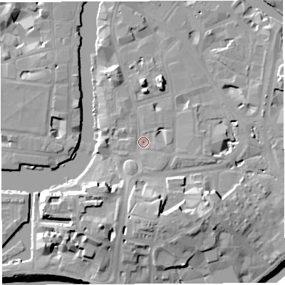 Shaded relief map of the ground around BS16AL, computed from Environment Agency LiDAR. The ground here sits at about 9 m above sea level and falls 20 m across the surrounding 800 m. Surface water reaching this point runs off ground lying to the south-south-west, 12.1 m higher.
