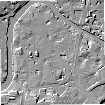 Shaded relief map of the ground around BS16AY, computed from Environment Agency LiDAR. The ground here sits at about 9 m above sea level and falls 18 m across the surrounding 800 m. Surface water reaching this point runs off ground lying to the east, 7.4 m higher.