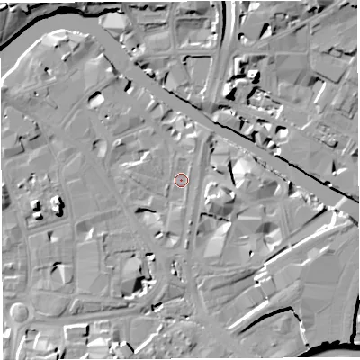 Shaded relief map of the ground around BS16BF, computed from Environment Agency LiDAR. The ground here sits at about 9 m above sea level and falls 18 m across the surrounding 800 m. Surface water reaching this point runs off ground lying to the east, 5.0 m higher.