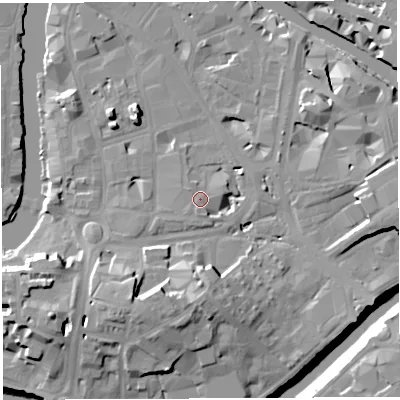 Shaded relief map of the ground around BS16BH, computed from Environment Agency LiDAR. The ground here sits at about 10 m above sea level and falls 20 m across the surrounding 800 m. Surface water reaching this point runs off ground lying to the south-south-west, 0.8 m higher.