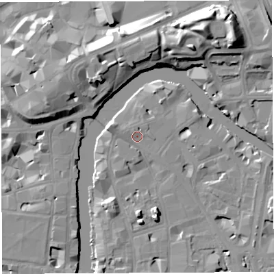 Shaded relief map of the ground around BS16BN, computed from Environment Agency LiDAR. The ground here sits at about 9 m above sea level and falls 19 m across the surrounding 800 m. Surface water reaching this point runs off ground lying to the west, 1.8 m higher.