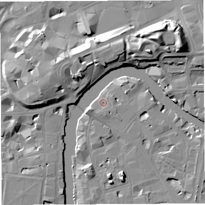 Shaded relief map of the ground around BS16BP, computed from Environment Agency LiDAR. The ground here sits at about 9 m above sea level and falls 19 m across the surrounding 800 m. Surface water reaching this point runs off ground lying to the south-west, 1.9 m higher.
