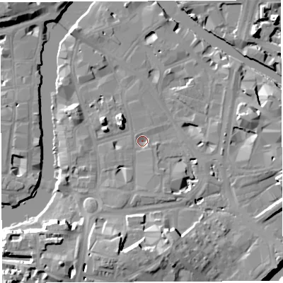 Shaded relief map of the ground around BS16BU, computed from Environment Agency LiDAR. The ground here sits at about 7 m above sea level and falls 19 m across the surrounding 800 m. Surface water reaching this point runs off ground lying to the south-south-west, 14.0 m higher.