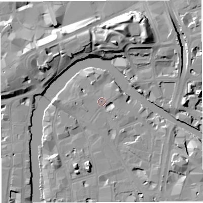 Shaded relief map of the ground around BS16BX, computed from Environment Agency LiDAR. The ground here sits at about 9 m above sea level and falls 17 m across the surrounding 800 m. Surface water reaching this point runs off ground lying to the east-north-east, 3.3 m higher.