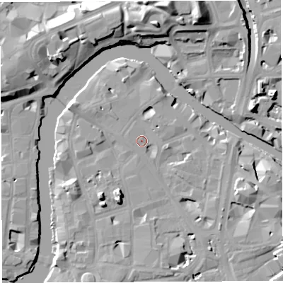 Shaded relief map of the ground around BS16BY, computed from Environment Agency LiDAR. The ground here sits at about 9 m above sea level and falls 17 m across the surrounding 800 m. Surface water reaching this point runs off ground lying to the west-north-west, 0.6 m higher.