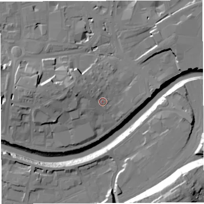 Shaded relief map of the ground around BS16DD, computed from Environment Agency LiDAR. The ground here sits at about 11 m above sea level and falls 46 m across the surrounding 800 m. Surface water reaching this point runs off ground lying to the west-north-west, 3.9 m higher.