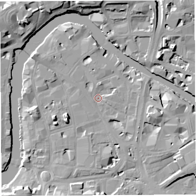 Shaded relief map of the ground around BS16DE, computed from Environment Agency LiDAR. The ground here sits at about 8 m above sea level and falls 14 m across the surrounding 800 m. Surface water reaching this point runs off ground lying to the north, 5.0 m higher.