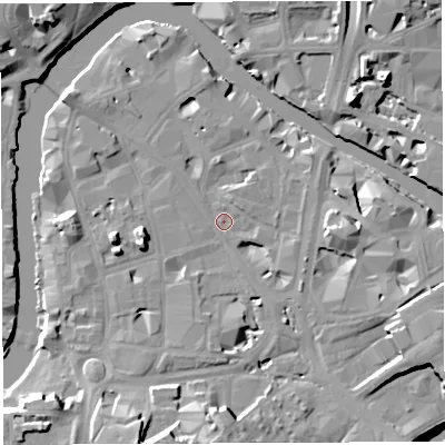Shaded relief map of the ground around BS16DP, computed from Environment Agency LiDAR. The ground here sits at about 9 m above sea level and falls 18 m across the surrounding 800 m. Surface water reaching this point runs off ground lying to the east, 7.4 m higher.