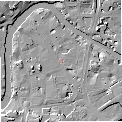 Shaded relief map of the ground around BS16DR, computed from Environment Agency LiDAR. The ground here sits at about 8 m above sea level and falls 18 m across the surrounding 800 m. Surface water reaching this point runs off ground lying to the north, 5.0 m higher.