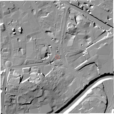 Shaded relief map of the ground around BS16DU, computed from Environment Agency LiDAR. The ground here sits at about 9 m above sea level and falls 19 m across the surrounding 800 m. Surface water reaching this point runs off ground lying to the south-west, 11.9 m higher.