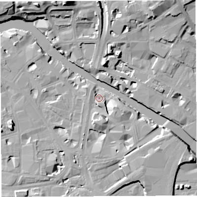 Shaded relief map of the ground around BS16DZ, computed from Environment Agency LiDAR. The ground here sits at about 10 m above sea level and falls 17 m across the surrounding 800 m. Surface water reaching this point runs off ground lying to the south, 2.6 m higher.