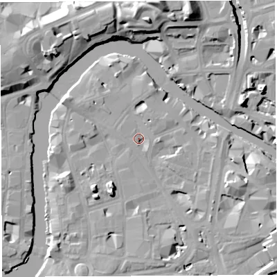 Shaded relief map of the ground around BS16EN, computed from Environment Agency LiDAR. The ground here sits at about 8 m above sea level and falls 17 m across the surrounding 800 m. Surface water reaching this point runs off ground lying to the north-north-east, 5.0 m higher.