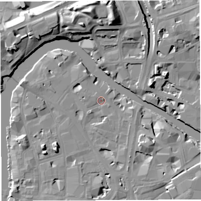 Shaded relief map of the ground around BS16EU, computed from Environment Agency LiDAR. The ground here sits at about 9 m above sea level and falls 17 m across the surrounding 800 m. Surface water reaching this point runs off ground lying to the south-west, 1.4 m higher.