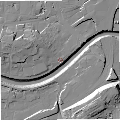 Shaded relief map of the ground around BS16FH, computed from Environment Agency LiDAR. The ground here sits at about 9 m above sea level and falls 46 m across the surrounding 800 m. Surface water reaching this point runs off ground lying to the north-west, 9.2 m higher.