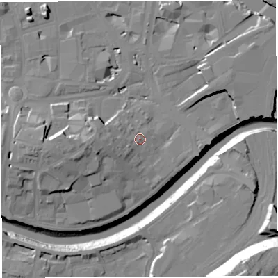 Shaded relief map of the ground around BS16FJ, computed from Environment Agency LiDAR. The ground here sits at about 11 m above sea level and falls 42 m across the surrounding 800 m. Surface water reaching this point runs off ground lying to the west-south-west, 5.3 m higher.