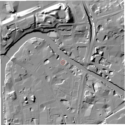 Shaded relief map of the ground around BS16FL, computed from Environment Agency LiDAR. The ground here sits at about 9 m above sea level and falls 17 m across the surrounding 800 m. Surface water reaching this point runs off ground lying to the west-south-west, 3.1 m higher.