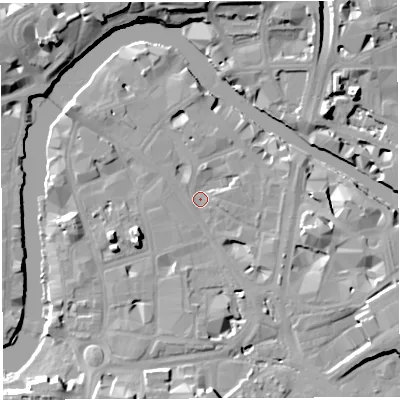 Shaded relief map of the ground around BS16FR, computed from Environment Agency LiDAR. The ground here sits at about 8 m above sea level and falls 14 m across the surrounding 800 m. Surface water reaching this point runs off ground lying to the north, 5.0 m higher.