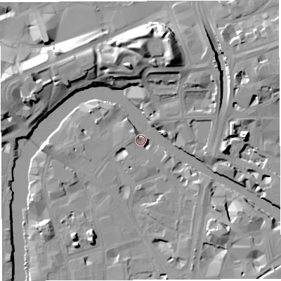 Shaded relief map of the ground around BS16FS, computed from Environment Agency LiDAR. The ground here sits at about 10 m above sea level and falls 17 m across the surrounding 800 m. Surface water reaching this point runs off ground lying to the north-west, 3.9 m higher.
