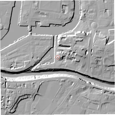 Shaded relief map of the ground around BS16FU, computed from Environment Agency LiDAR. The ground here sits at about 11 m above sea level and falls 20 m across the surrounding 800 m. Surface water reaching this point runs off ground lying to the east-north-east, 13.7 m higher.