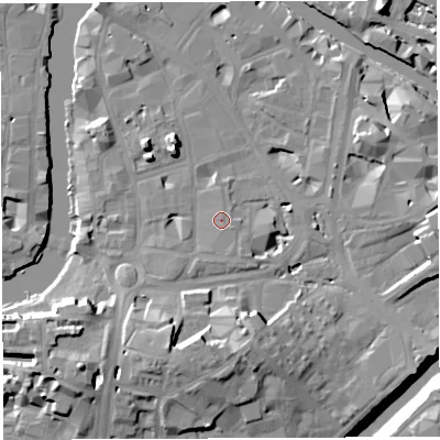 Shaded relief map of the ground around BS16GE, computed from Environment Agency LiDAR. The ground here sits at about 9 m above sea level and falls 19 m across the surrounding 800 m. Surface water reaching this point runs off ground lying to the south-east, 0.5 m higher.