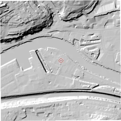Shaded relief map of the ground around BS16GL, computed from Environment Agency LiDAR. The ground here sits at about 9 m above sea level and falls 68 m across the surrounding 800 m. Surface water reaching this point runs off ground lying to the south, 1.1 m higher.