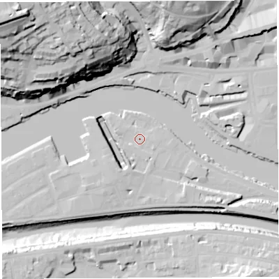 Shaded relief map of the ground around BS16GN, computed from Environment Agency LiDAR. The ground here sits at about 9 m above sea level and falls 68 m across the surrounding 800 m. Surface water reaching this point runs off ground lying to the south-east, 2.2 m higher.